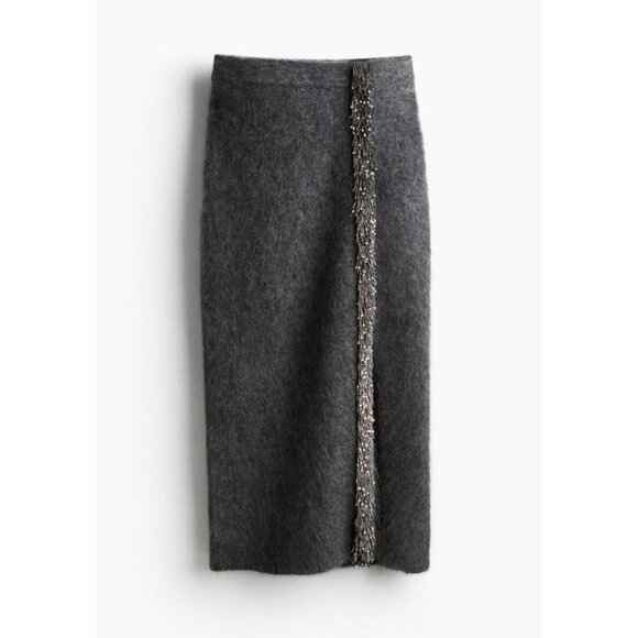 H&M EditionMerino Wool Gray Beaded Midi Skirt XL - Picture 1 of 6